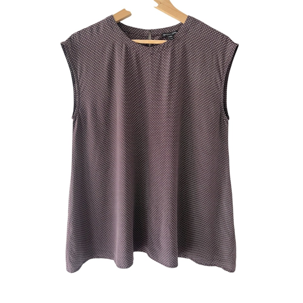 Eileen Fisher M 100% Silk Boxy Top Plum Stripe Cap Sleeve Minimalist